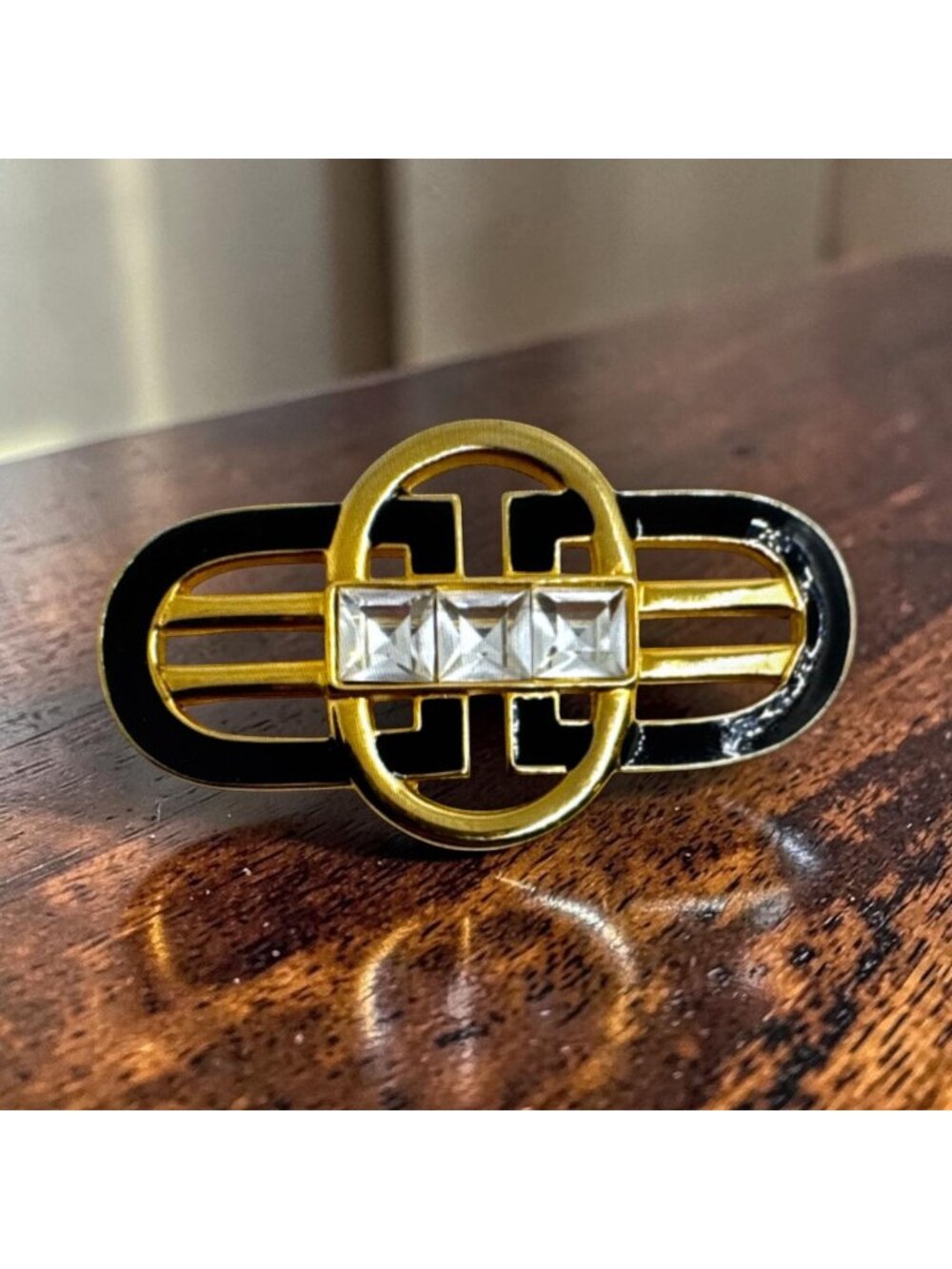 Swarovski Crystal Art Deco Brooch Black Enamel Gold Tone Signed Swan Pin